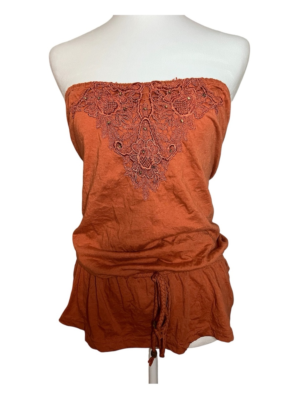 Ricki's Orange Lace-Trim Beaded Boho Strapless Tank Top Y2K L